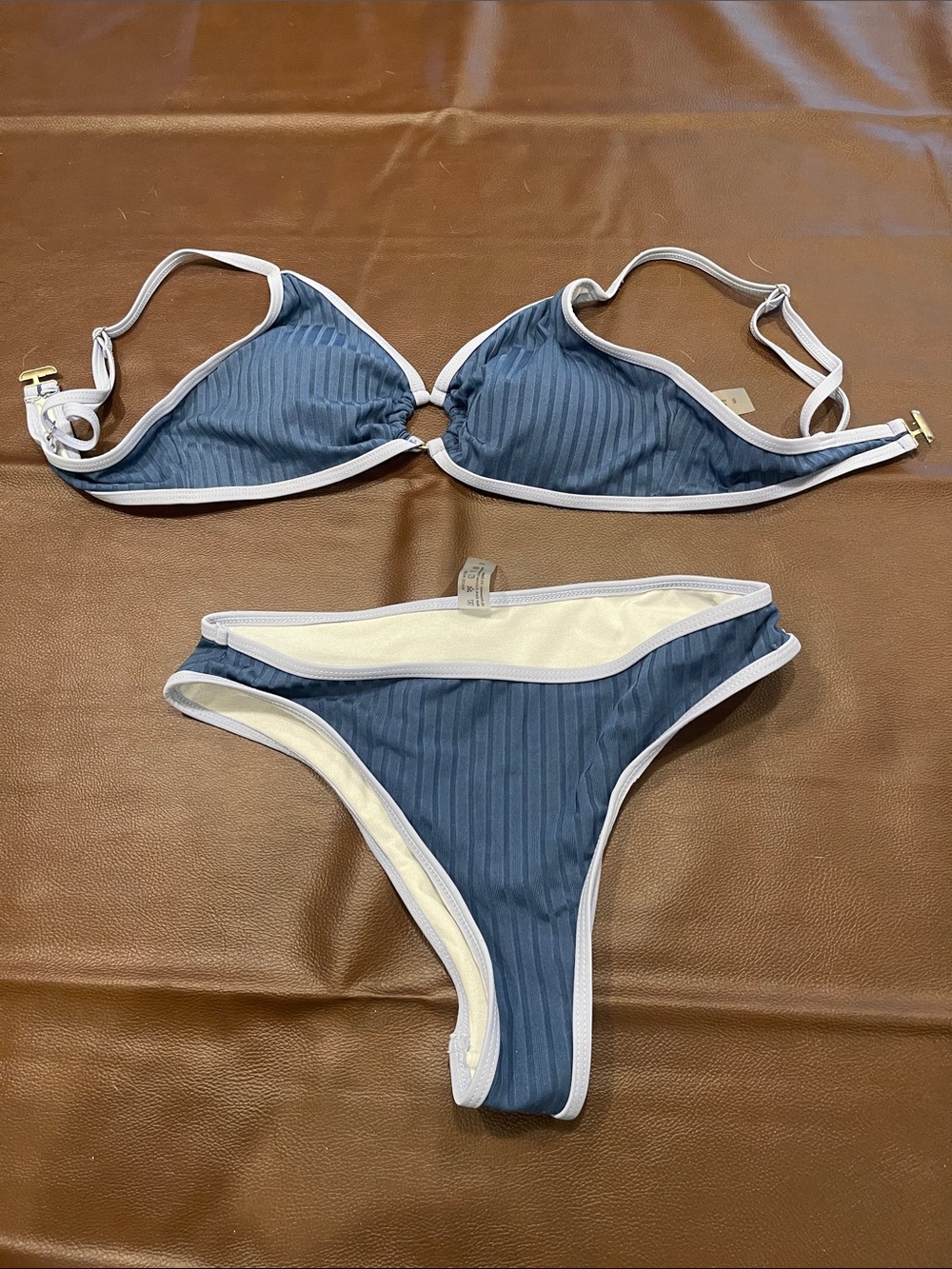 Blue Ribbed Triangle Bikini Set with light blue Trim